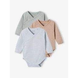 Lot 3 bodies manches longues ouverture naissance bébé en coton bio bleu ciel