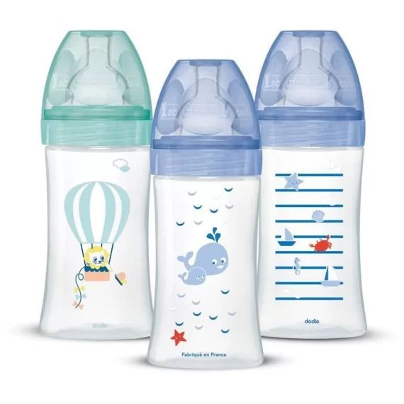 Lot de 3 Biberons Anti-Colique Sensation+ 270ml, 0-6 Mois, Tétine Plate, Débit 2 – Bleu Mer et Vert Air vert
