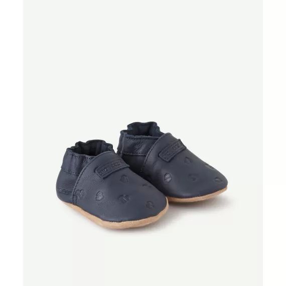 Chaussons en cuir bleu marine avec champignons bébé –  – Soldes