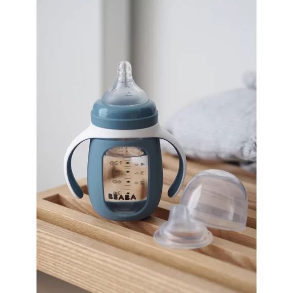 Biberon/tasse d&rsquo;apprentissage 2 en 1 BEABA en verre (210 ml) bleu