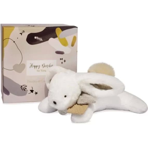Doudou et Compagnie – Peluche Lapin -25 cm – Blanc/Sable – Lapin Pompon Naturel – Boîte Cadeau – Happy Wild – Happy Doudou To You blanc
