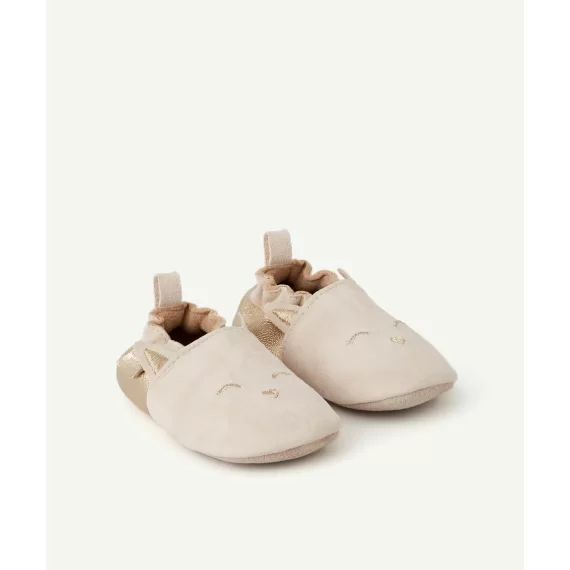 Chaussons bébé fille en cuir rose clair et doré avec motif animalier