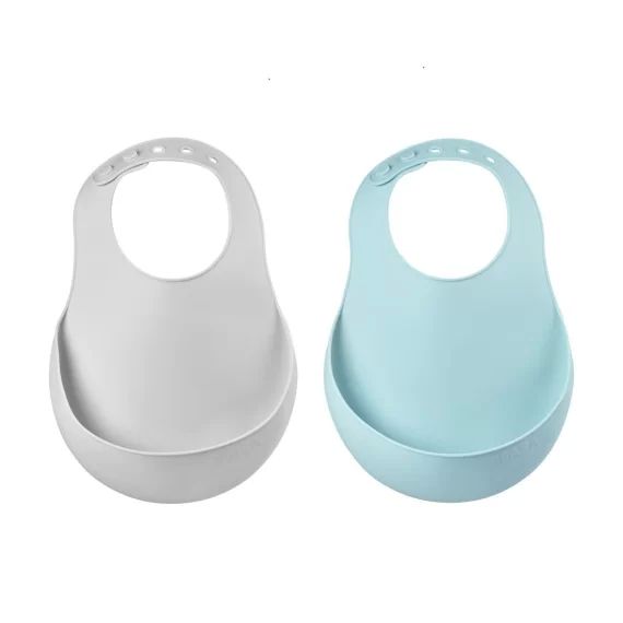 Lot de 2 bavoirs silicone réglables avec récupérateur gris/vert Beaba