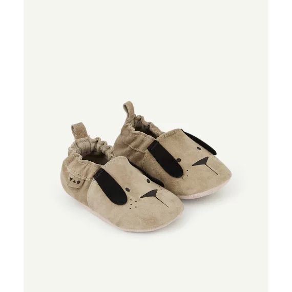 Chaussons en cuir bébé garçon kaki avec motif chien –  – Soldes