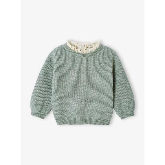 Pull en côte perlée bébé col en broderie anglaise vert sauge