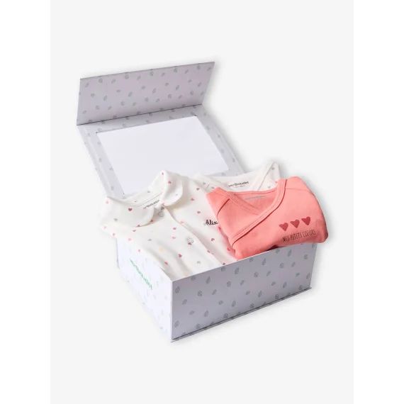 Coffret bébé dors-bien et 2 bodies petits cœurs personnalisables rose bonbon