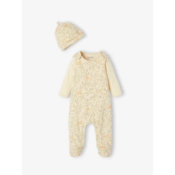 Coffret naissance ensemble body + salopette + bonnet écru