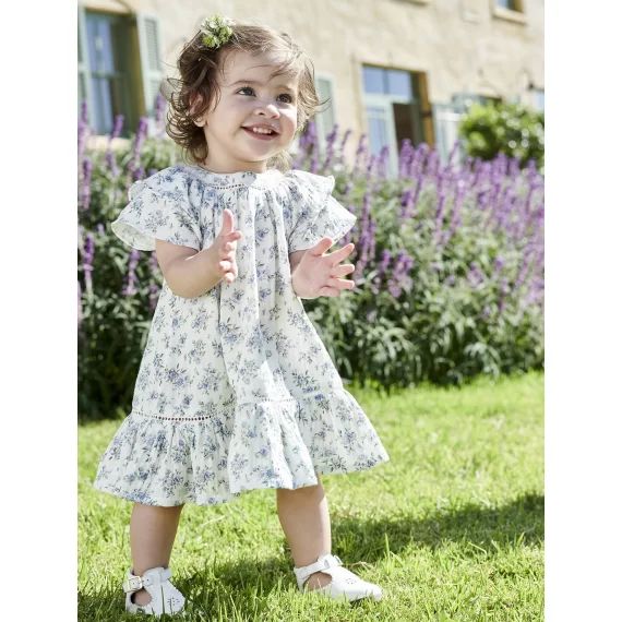 Robe fleurie de cérémonie bébé en gaze de coton écru