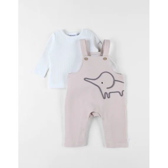 Set Salopette + T-shirt Éléphant Beige