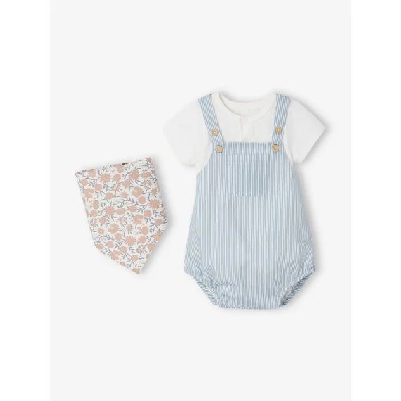 Ensemble naissance barboteuse, body et foulard écru