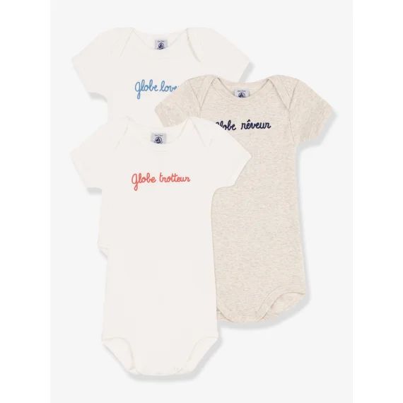 Lot de 3 bodies Globe trotteur en coton PETIT BATEAU manches courtes blanc