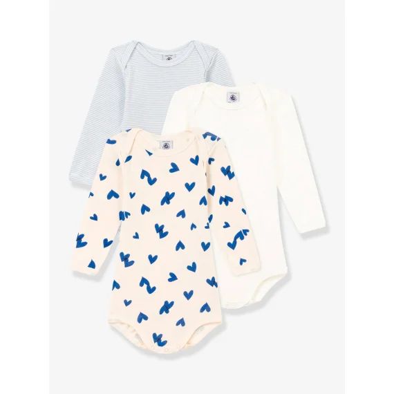 Lot de 3 bodies manches longues cœurs bleus bébé en coton PETIT BATEAU blanc imprimé