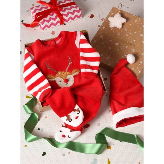 Coffret cadeau de Noël bébé dors-bien en velours + bonnet rouge brique