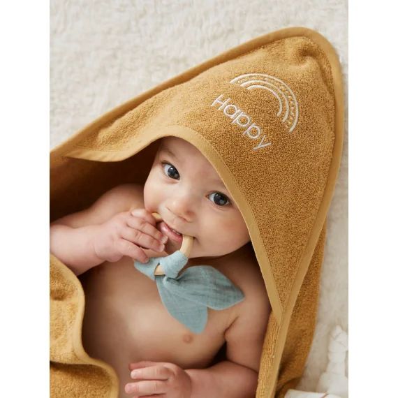 Cape de bain personnalisable + gant de toilette ocre