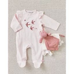 Pyjama 1 pièce hirondelles en jersey brodé rose