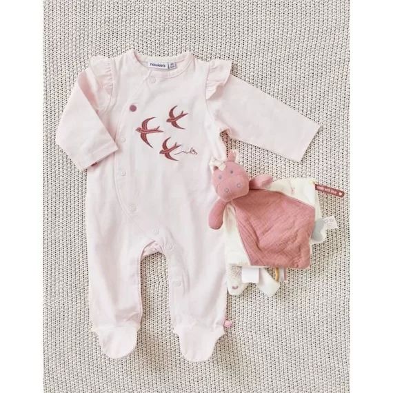 Pyjama 1 pièce hirondelles en jersey brodé rose