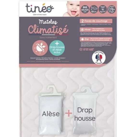 TINEO Matelas climatisé 60×120 cm + drap housse + alèse (lot) blanc