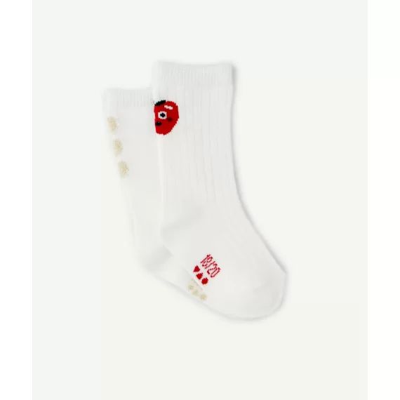 Lot de 2 chaussettes hautes bébé fille en coton bio blanches avec fraises –  – Soldes