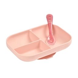 Assiette Ventouse Compartimentée Béaba + Cuillère – Pink