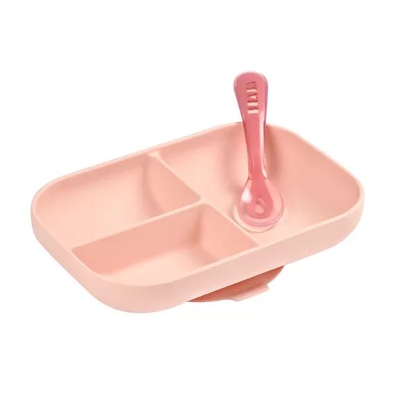 Assiette Ventouse Compartimentée Béaba + Cuillère – Pink