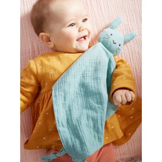 Doudou en gaze de coton + hochet rond vert