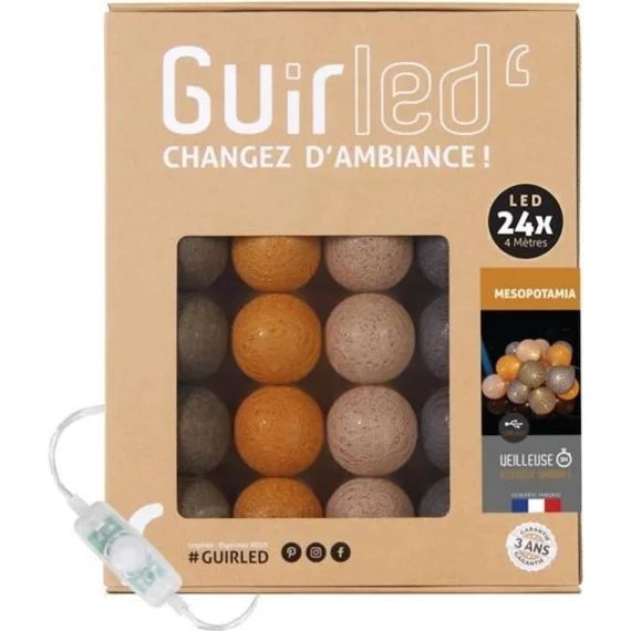 Guirlande lumineuse boules coton LED USB – Veilleuse bébé 2h –  3 intensités – 24 boules 2,4m – Mesopotamia marron