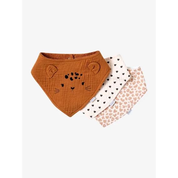 Lot de 3 bavoirs bandanas en gaze de coton / éponge noisette