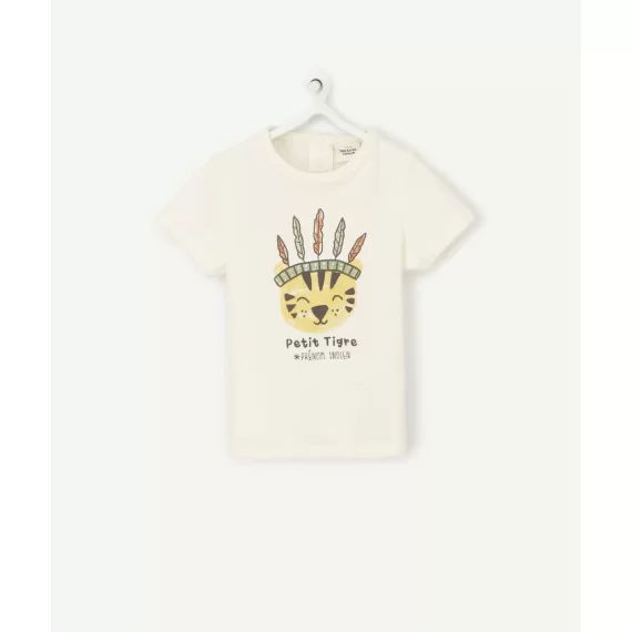 T-shirt bébé garçon en fibres recyclées écru avec tigre indien –  – Soldes