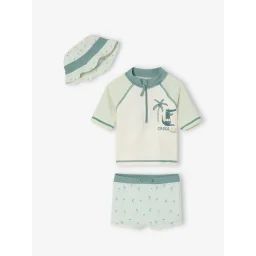 Ensemble de bain T-shirt anti-UV + short + bob bébé vert menthe/blanc