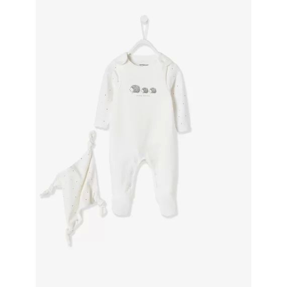 Ensemble naissance combinaison + body + doudou en coton bio ivoire
