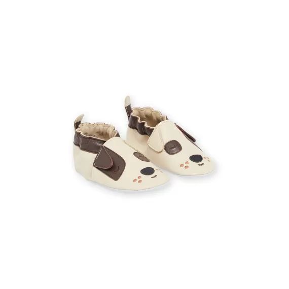 Chaussons En Cuir Beiges À Motif Chien