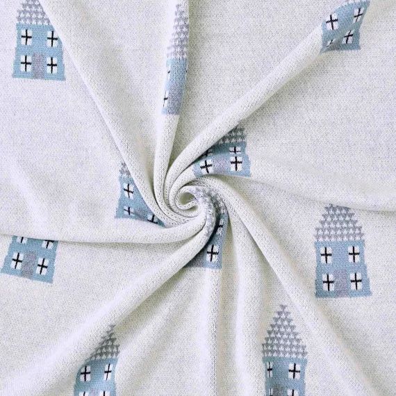 Couverture En Coton Bio Gots Écru, Motifs Bleu