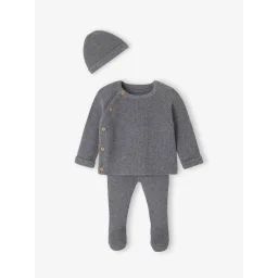 Ensemble naissance 3 pièces en tricot gilet + pantalon + bonnet gris chiné