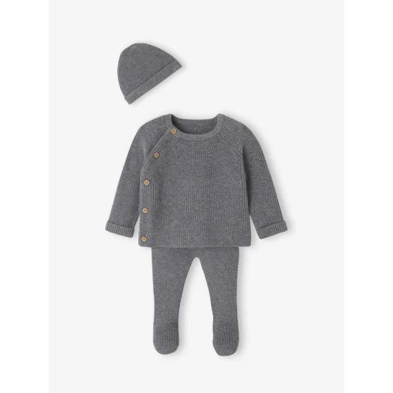 Ensemble naissance 3 pièces en tricot gilet + pantalon + bonnet gris chiné
