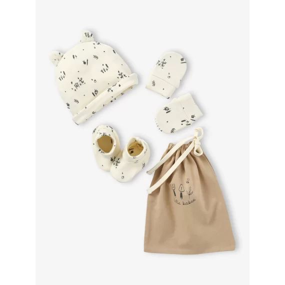 Ensemble naissance bonnet + moufles + chaussons + pochon écru