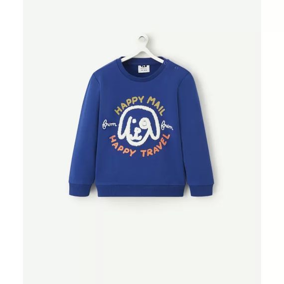 Sweat bébé garçon bleu avec message et chien en bouclettes