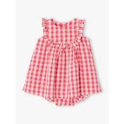 Ensemble naissance robe et culotte vichy framboise