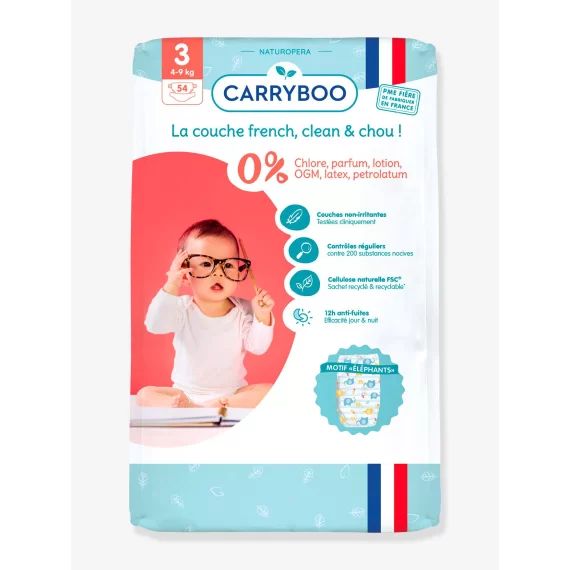 54 couches dermo-sensitives T3 (4-9 kg) CARRYBOO blanc