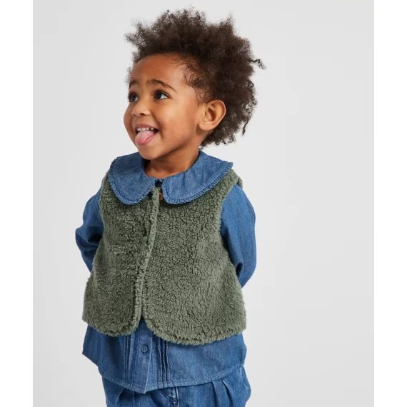 Gilet sans manches bébé fille en sherpa vert –  – Soldes