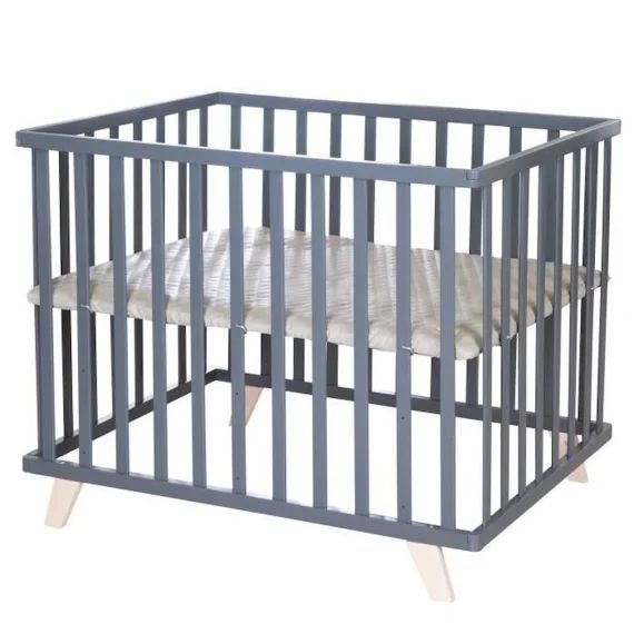 ROBA Parc Bébé 75 x 100 cm – avec Tapis Grège en Cuir PU Hydrofuge + Pieds en Bois Massif Bio – Hauteur Réglable – Anthracite noir
