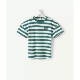T-shirt bébé garçon en coton bio rayé vert et écru –  – Soldes