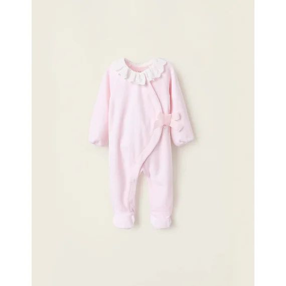 Grenouillère En Velours Avec Nœud Et Broderie Anglaise Rose