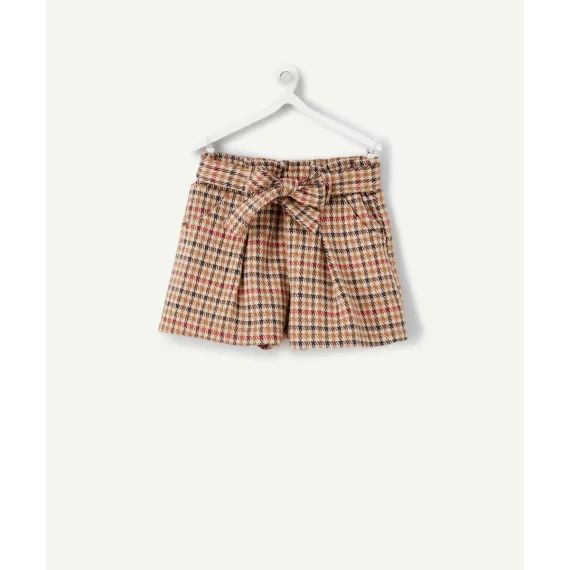 Short droit bébé fille beige marron et rouge imprimé pied de poule