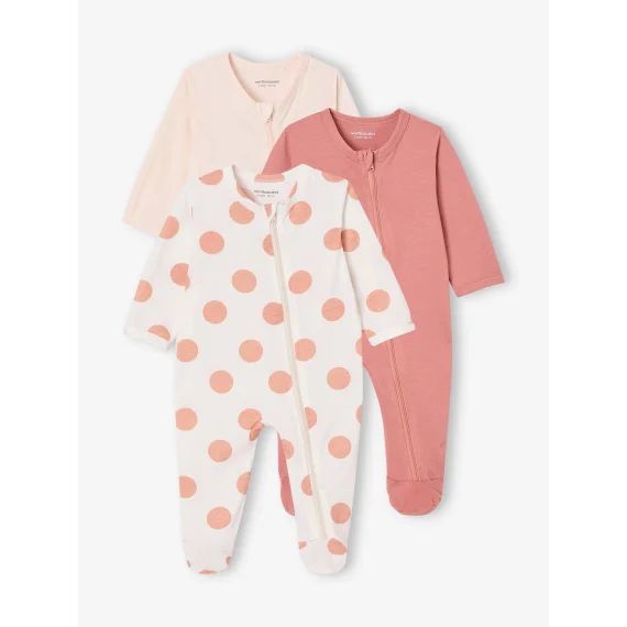 Lot de 3 pyjamas bébé en jersey ouverture zippée BASICS blush