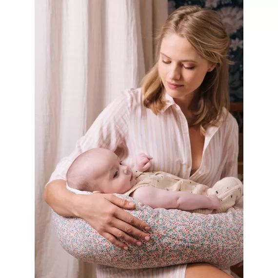 Coussin d&rsquo;allaitement + housse de protection Bio Collection imprimé fleuri