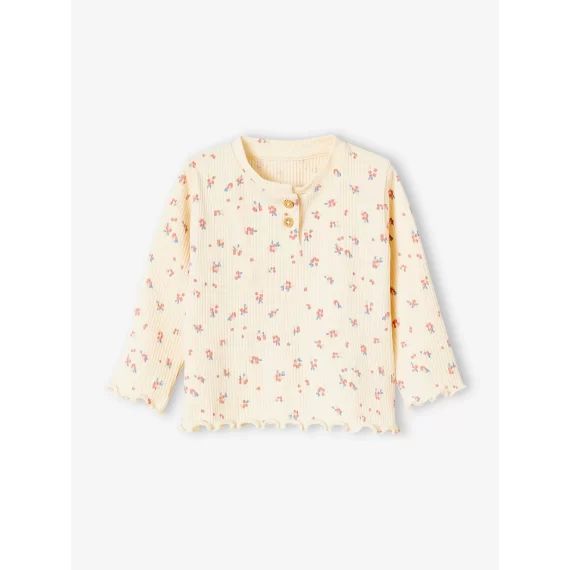 T-shirt en maille côtelée bébé manches longues beige clair imprimé