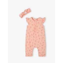 Ensemble combinaison + bandeau imprimés bébé fille rose pâle