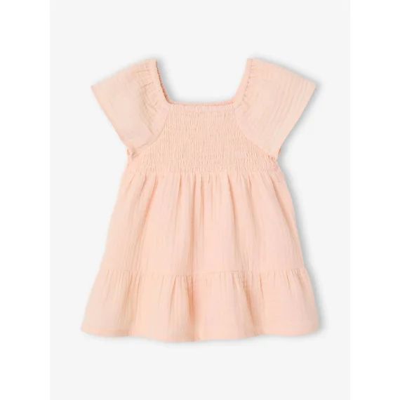 Robe bébé smockée en gaze de coton abricot poudré