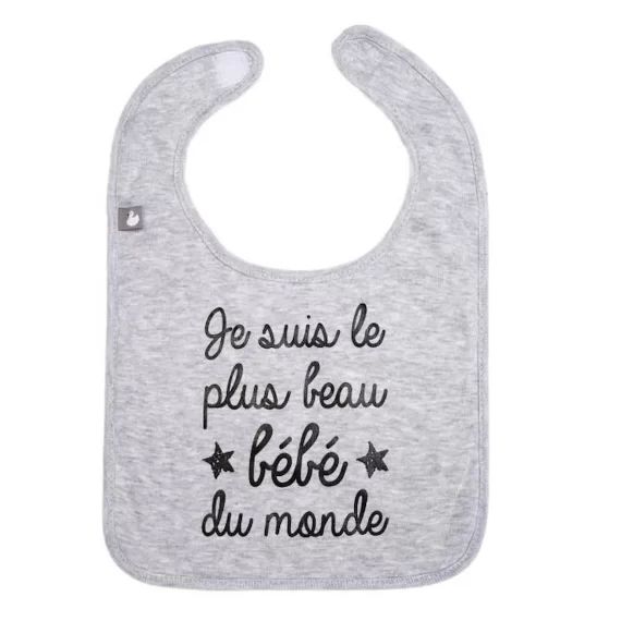 Bavoir bébé personnalisé – Je suis le plus beau bébé du monde gris