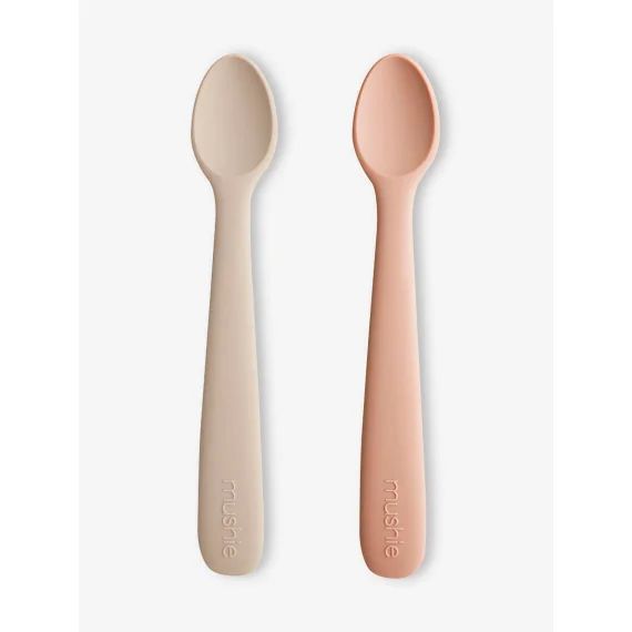 Lot de 2 cuillères 1er âge MUSHIE en silicone beige + rose blush